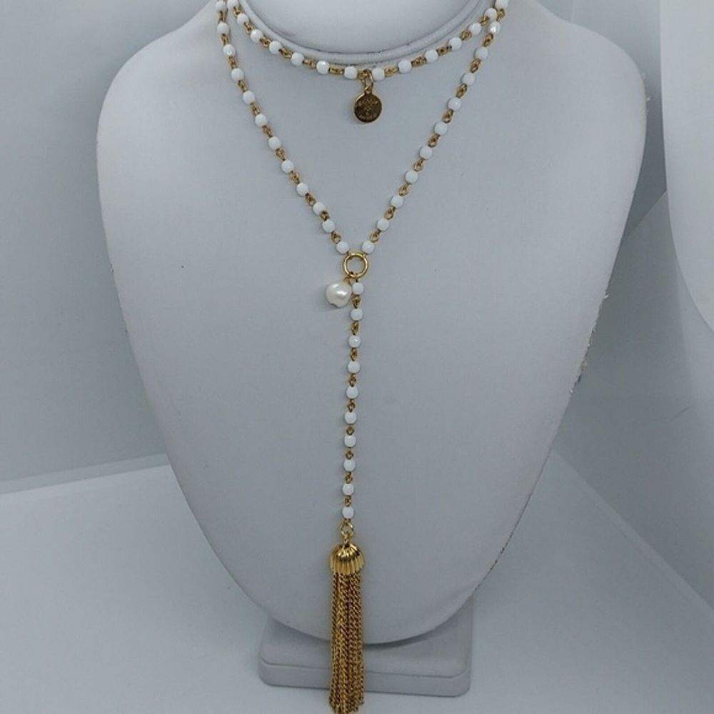 Skinny by‎ Jessica Elliot white glass bead y drop tassel necklace